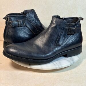 Bacco Bucci Mens Leather Zip Ankle Boots Black Size 9 Made in Italy Buckle